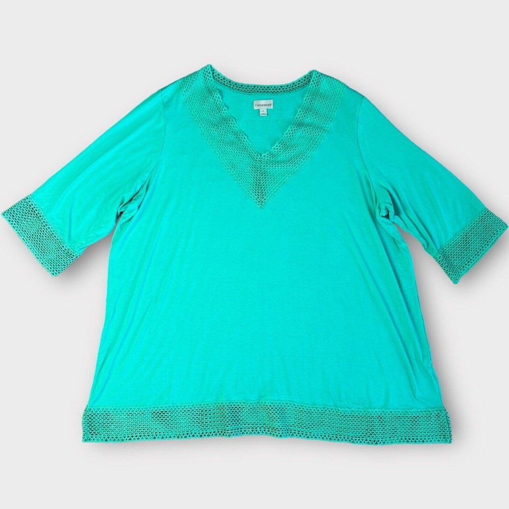 Catherines Pullover Top Womens Plus Size 3X Blue Lace V Neck